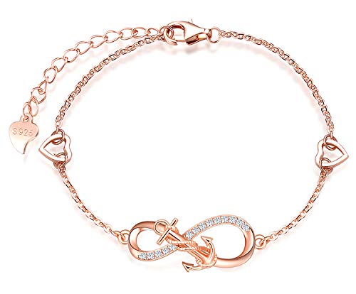 MicLee Woman's girl's Bracelet, 925 Sterling Silver bracelet, Anchor and infinity symbol bracelet, with mini hollow heart, Inlaid zircon, adjustable chain, design of Ocean theme