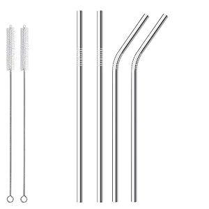 Image of QWESEN Long Regular Size Reusable Straws; 6 Stainless Steel Best 18/10 +2 Silicone +2 Brushes +1 Travel Pouch; Natural Bent Straw in Case for Drinking Coffee Tumbler Yeti Mug 30oz Metal