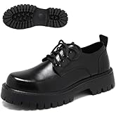 Men's Leather Platform Block Heel Oxfords Classic Round Toe Lace Up Lug Sole Soft Bottom Business Work Dress Shoes Non-Slip Heightening Derby Shoes