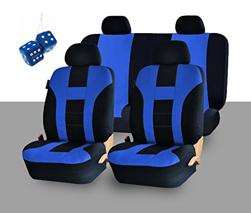 Zone Tech Universal Fit Premium Quality 100% Waterproof Breathable Full Set of Blue and Black Racing Style Seat Covers + Pair of Bold Blue Plush Hanging Fuzzy Dice Set