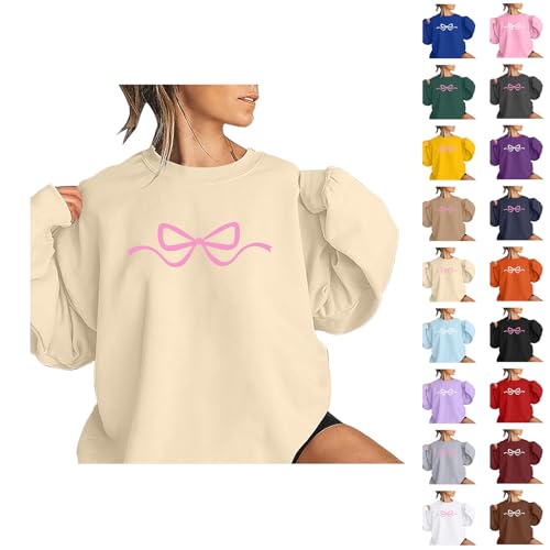 Ladies Sweatshirts Without Hood Comfort Crewneck Plush Lined Casual Bow Printed Solid Baggy Pullover Trendy Longline Sportswear Sweate Soft Thermal Long Sleeve Sweatshirt Autumn Daily