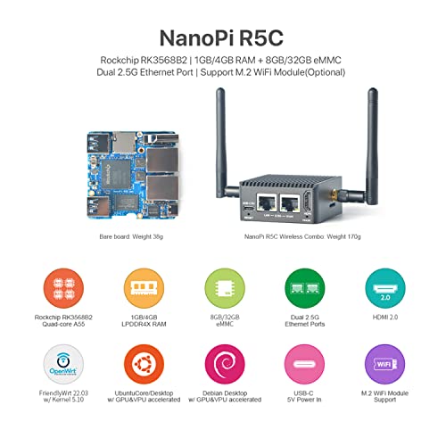 Nanopi R5C Mini WiFi Router OpenWRT with Dual PCIe 2.5Gbps Ethernet M.2 Key E USB Ports 2GB LPDDR4X RAM 32GB eMMC Based in Rockchip RK3568B2 Soc 0.8T NPU for IOT NAS Smart Home Gateway Support Ubuntu
