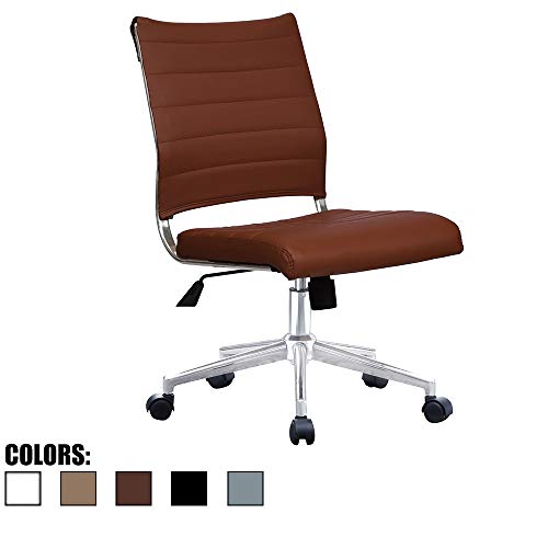 2xhome Brown Modern Ergonomic Executive Mid Back PU Leather No Arms Rest Tilt Adjustable Height Wheels Cushion Lumbar Support Swivel Office Chair Conference Room Home Task Desk Armless