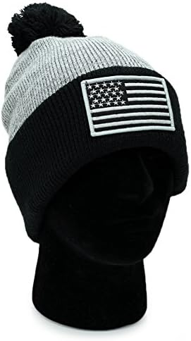 USA Beanie POM POM Winter Knit Hat Cap American Flag (Flag/Black/Grey)