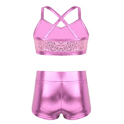 dPois Kids Girls' Polka Dot Strappy Top Bra with Shorts Set for Sports Workout Gymnastics Leotard Dancing Pink (Sequins) 8-10 - Thumbnail 2