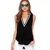 Romastory Chiffon Blouse Shirts Ribbed V-neck T-shirts Womens Sleeveless Tops Tees (S)