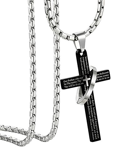 ORAZIO 3MM Stainless Steel Chain Cross Necklace for Men Women Bible Lord's Prayer Pendant 30 Inches