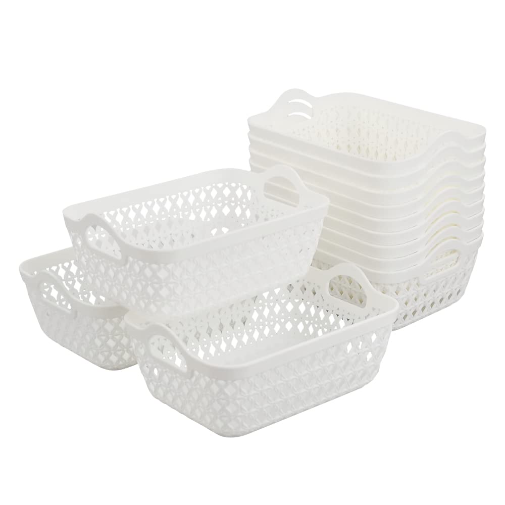 Readsky Small White Plastic Storage Baskets with Handles Desktop Organizer, Pack of 12