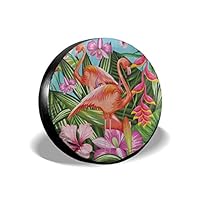 YIXKC Spare Tire Cover Tropical Pink Flamingo Flower Palm Tree Leaves 14 Inch Waterproof Universal Spare Wheel Tire Cover Fit for Jeep, Trailer, RV, SUV and Many Vehicle