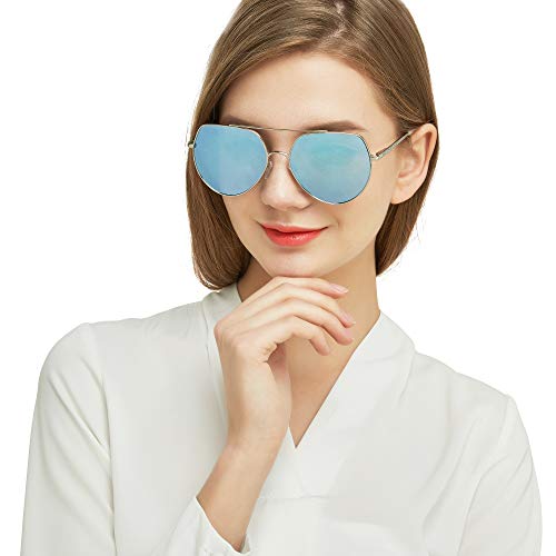 LotFancy Aviator Sunglasses for Women with Case, UV400 Protection, 58MM, Lightweight Eyewear for Driving Fishing Sports, Non Polarized, Revo Blue Mirrored Lens, Silver Metal Frame