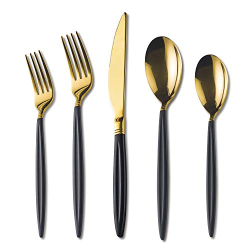 HOMQUEN 20 Piece Black Gold Flatware Set, Stainless Steel Silverware