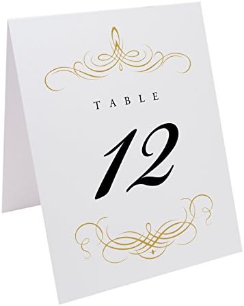 Decadent Flourish Table Numbers, White, Gold, Numbered 1 through 50