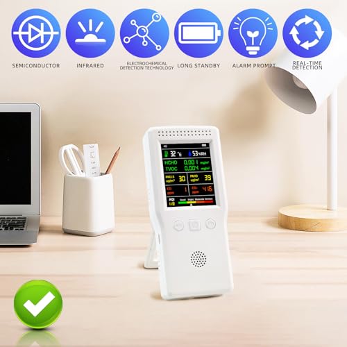 Air Quality Monitor Indoor/Outdoor, Portable Formaldehyde Detector Temperature Humidity Meter Sensor Tester with Stand, 9 in 1 Real-Time Air Particle Counter for PM2.5 PM10 AQI CO2 CO TVOC HCHO