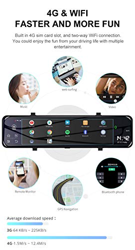 Quad Core Car DVR Camera,12 inch 4G Android 8.1, GPS Navigation Dual Lens Rearview Mirror Dashcam, Bluetooth FM Transmitter, Digital Video Recorder - Thumbnail 3