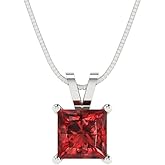 Clara Pucci 14K White Gold Plated Solitaire 16" Box-Chain Necklace - Sterling Silver 1ct Princess Cut Garnet Pendant