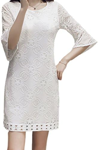 Lucky Charm Lace Short Dress for Women Three-Quarter Length Trumpet Sleeve ( US XL, White)