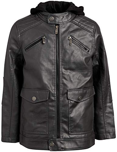 Urban Republic Boys Faux Leather Jacket with Fleece Hoodie (10/12, Charcoal w/Black) - Thumbnail 5