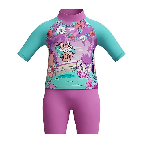 Speedo Learn to Swim Sun Protection Top & Shorts, Junior Girls, Holiday Wear, UV Protection Traje de baño de Dos Piezas para Niñas, Neon Violet, 4 années
