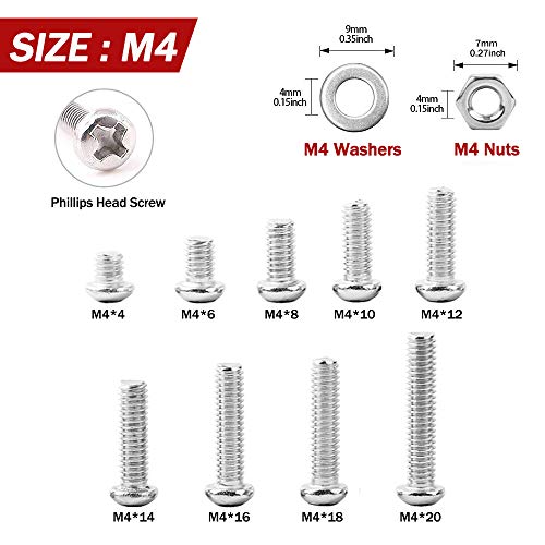 M4 Pan Head Phillips Screws 304 Stainless Steel Bolts Nuts Washers 810 Pcs Machine Screws Assortment Kit
