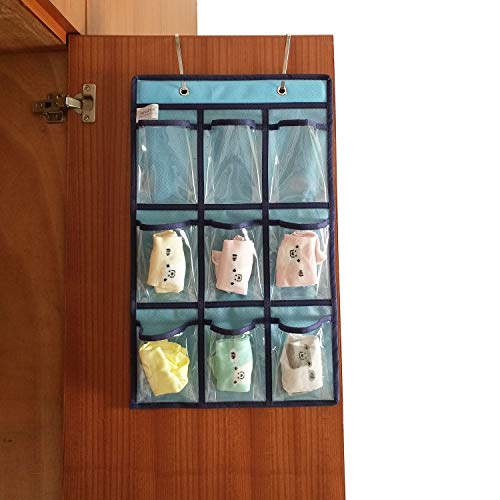 ANIZER Over Door Hanging Closet Underwear Sock Storage Cell Phone Jewelry Organizer Clear Pockets (Blue, 9 Pockets)