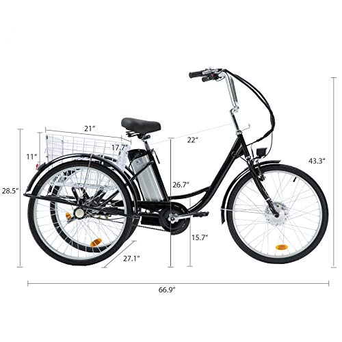HIRAM Adult Electric Tricycle, 24 Inch 250W Electric Bike 3 Wheel Electric Trike Bicycle for Men and Women, Adjustable Cruiser Seat, Removable 36V 10Ah Large Capacity Lithium Battery, Rear Basket