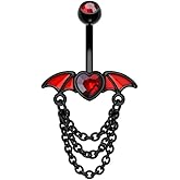 CM Crareesi Mania Bat Belly Button Ring 316L Surgical Steel Dangle Chain Belly Rings 14G Black Belly Piercing Jewelry for Halloween Heart CZ Belly Button Rings