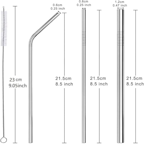 T Tersely 13pcs Reusable 304 Stainless Steel Straws- Various Metal Straws with 4 Straight 5 Bent 2 Boba Straws 2 Cleaning Brushes - Eco Friendly Drinking Straws (Silver)
