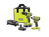 Ryobi 18-Volt ONE+ Lithium-Ion Cordless Brushless Drill/Driver-Impact Driver 2-Tool Kit w/(2) 1.3 Ah Batteries, Charger,