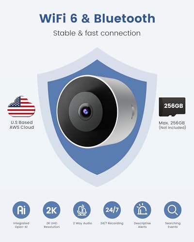 AKINGUAR 2K 3MP Window Camera, 3MP Indoor WiFi Surveillance Camera 2.4GHz, Color Night Vision, People/Vehicle Detection, Two-Way Audio, 24/7 Recording, Easy Installation