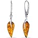 Peora Genuine Baltic Amber Leaf Drop Earrings for Women 925 Sterling Silver, Leaf Shape, Rich Cognac Color, French Clip, Real Baltic Amber Earrings for Adults, 100% Natural from Baltic Region