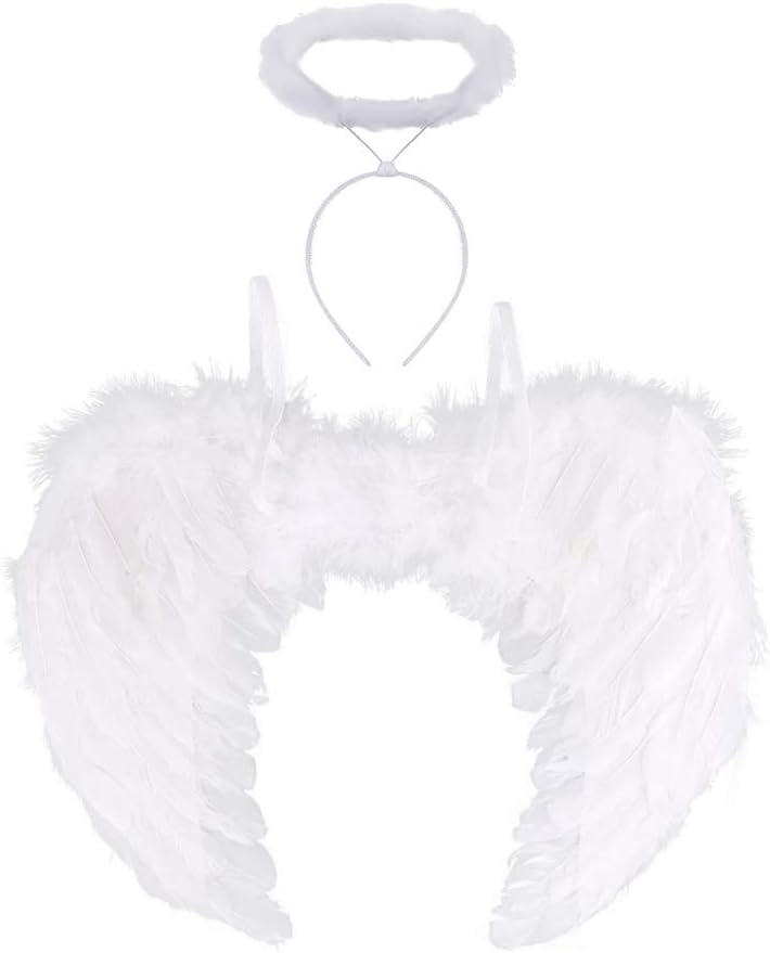 White Feather Wings With Gold Glitter Halo – Angel Costume Set For Nativity, Christmas, Dress-Up