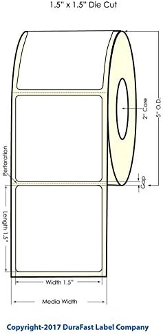 DuraFast White Inkjet Matte BOPP Roll-Fed Paper 1.5" x 1.5" Labels for Primera LX400, LX500, LX500C and other Printer Brands, 1200 Labels/Roll on a 5" OD