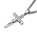 Fifth Ave Fair Men's Stainless Steel Silver Plain Jesus Christ Crucifix Cross Pendant Necklace with Cuban Curb Link Chain, 24