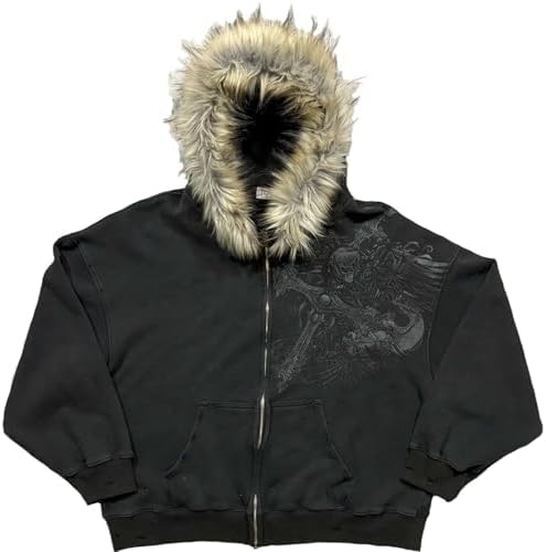 00s fur gimmick down best Y2K swag 裏原 Ponitrack Unisex Zip Up Hoodie Men Fur Hood Jacket Grunge 2000s
