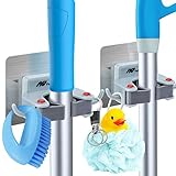 FlePow Broom Holder Wall Mount - Mop Broom Holder Gripper Self Adhesive Removable Waterproof No Drilling Garage Storage & Organization Hanger Hook for Kitchen and Bathroom, Garden, Closet (2 Pack）