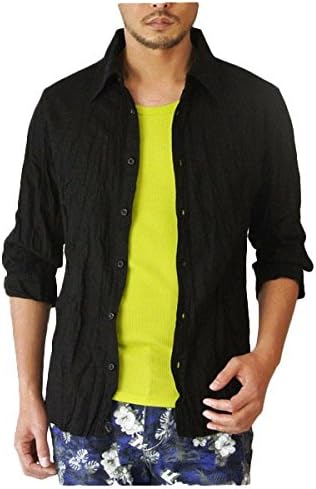 Amazon ヨンユー 4u 麻55 レーヨン45 リネンシャツ クリンクル 七分袖 Pb Ll Black七分袖 Pb シャツ 通販