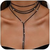 fxmimior Boho Fashion Y Long Neckalce Prom Shinny Black Silver Rhinestones Choker Necklace Dainty Layered Sexy Choker Necklace Black Halloween Christmas Necklace for Women 4 Tier