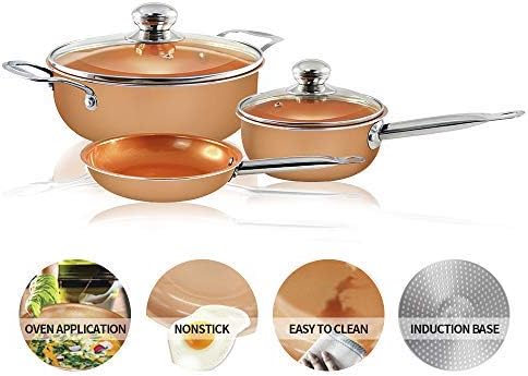 5 PCS Set- Copper Coated Nonstick Cookware Set, Induction Compatible Ceramic Copper Pots and Pans Cookware set Includes Frying Pan, Saucepan and Detachable Handles with Steam Vented Lid (Copper)