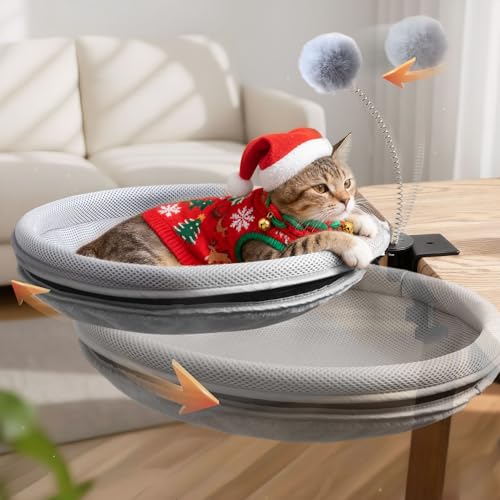 RASSR Cat Desk Bed with Teaser Wand, Under Desk Cats Bed Platform with Sturdy Clamp, Space-Saving Cat Perch Mounts Underneath Desk for Large Cats,For Gift,Present(grey)
