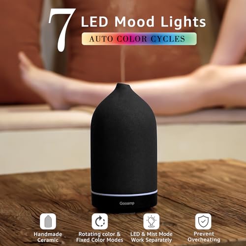 Gooamp Ceramic Aromatherapy Diffuser, Essential Oil Diffuser with 7 Color Lights Auto Shut Off for Home Office Room, Black (1/3/6/ON hrs Working time), TC-202-200ML
