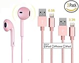 Miger Premium Earphones/Earbuds/Headphones with Stereo Mic and Volume Control and 2 Pack(3.3ft/6.5ft) Nylon Lightning 8-Pin Cable for iPhone 6/5, iPad/iPod (Rose Glod)