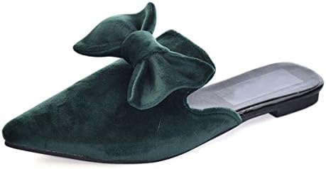 Crushed Velvet Cute Bowtie Mules For Woman Fashion Pointed Toe Flat Casual Emerald Green Mules