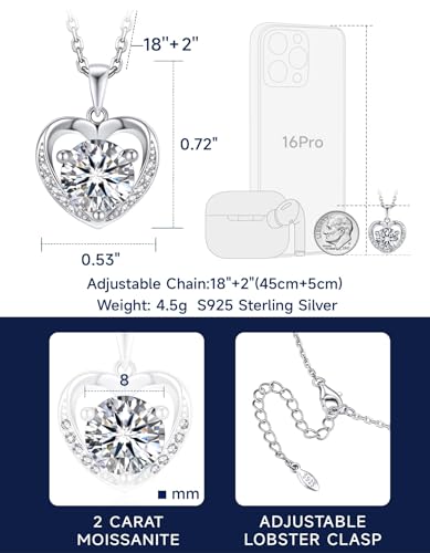 MomentWish Women's Heart Necklace, 0.5/1/2 Carat Moissanite Diamond Pendant Rose Gold 925 Sterling Silver Hypoallergenic Jewelry Gift for Wife Mom Girlfriend