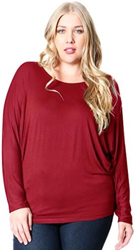 PLUSPICE Women Super Soft Dolman Long Sleeve Top Plus Size D.Red 1XL