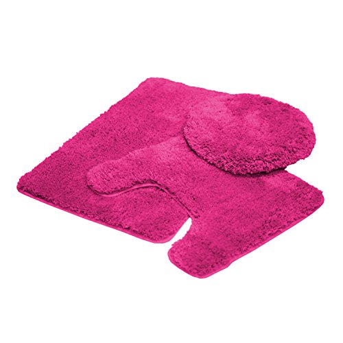 Mary 3 Piece Bathroom Rug Set, Luxury Soft Plush Shaggy Thick Fluffy Microfiber Bath Mat, Countour Rug, Toilet Seat Lid Cover, Non-Slip Rubber Back, Floor Mats Water Absorbent (Fuchsia)