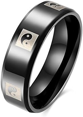 Men Wedding Black Tungsten Carbide Ring "Taoism" Diagrams Wedding Band Matte Finish Beveled Polished Edge