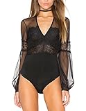 HaoDuoYi Womens Lingerie Lace Mesh Long Sleeve Sheer V Neck Leotard Bodysuit