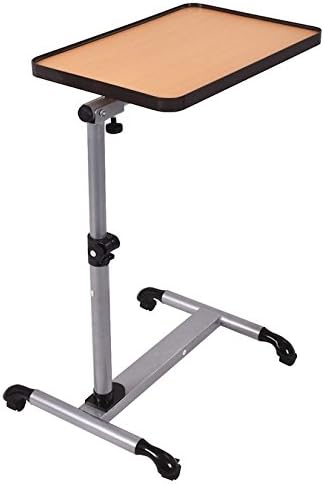 Rolling Overbed Table Laptop Computer Notebook Desk Beech Wood Tabletop Tilting Top Food Tray Cart Hospital Adjustable Height Swivel Wheels Smooth Tabletops