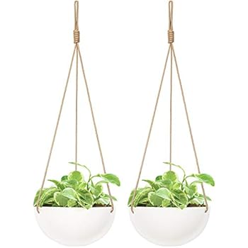 Mkono 2 Pack Ceramic Hanging Planter Indoor Outdoor Modern Round Flower Plant Pot 9 Inch Porcelain Hanging Basket with Polyester Rope Hanger for Herbs Ferns Ivy Crawling Plants, White