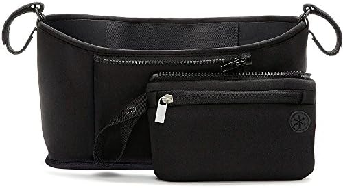 Baby Stroller Organizer Attachment: Large, Open Compartment with Dual Cup Holders, Detachable Accessories Pouch for Mobile Phone and Valuables: Black Neoprene. Bonus Toddlers Cloth Eating Bib Included